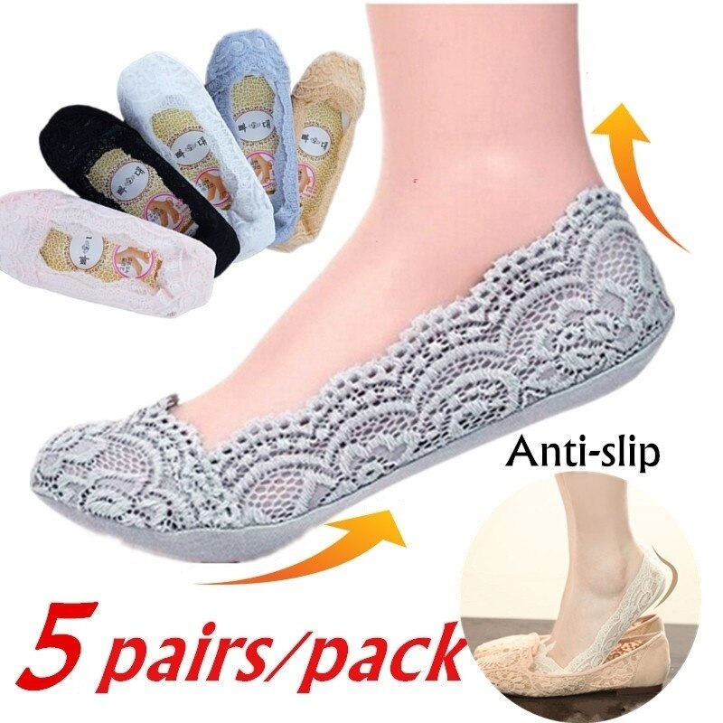 5 paar/paket Frauen Baumwolle Unsichtbare Anti-schlupf Knöchel Socken Spitze Socken Frauen Unsichtbare Socken Mädchen Nein Show Socken nicht-Unterhose