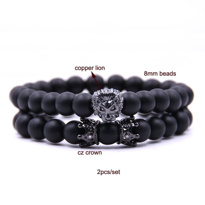 Bracelet homme tête de Lion avec couronne Bracelets 8mm pierre naturelle perles bracelet pavé CZ couronnes hommes femmes bijoux pulseira