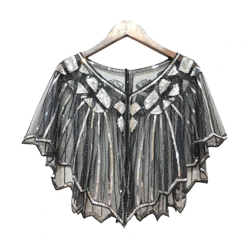 Scalloped High Beaded Sequin Short Top Women Cape See-through Women Shawl Decorative Women Accessories: Black  Silver