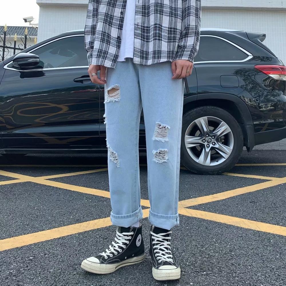 BXyichen pantalones vaqueros rasgados de tobillo para hombre estilo Regular recto estilo coreano de de pierna ancha azul claro pantalones largos