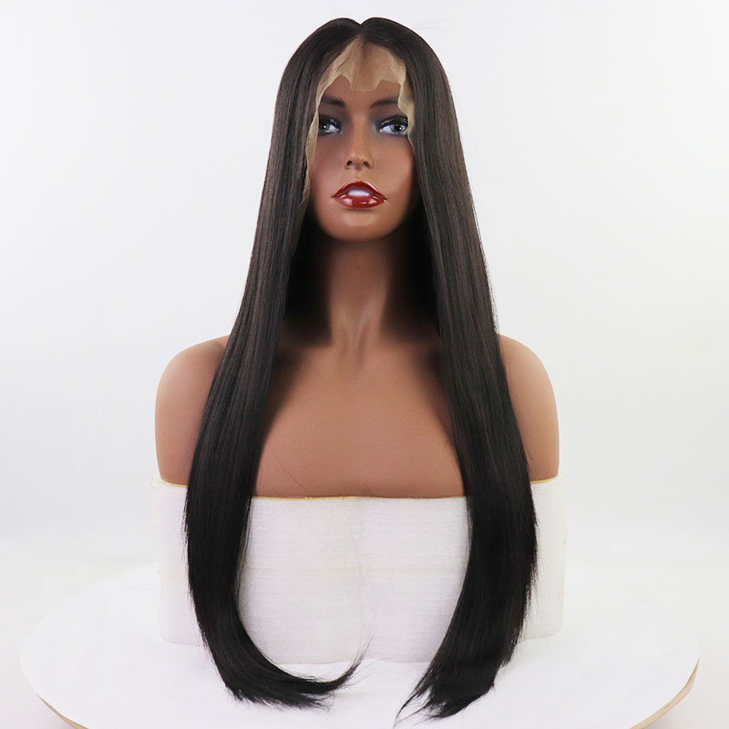 Bombshell pelo sintético marrón oscuro peluca frontal recta resistente al calor pelo de fibra Natural línea de cabello media de separación para mujer