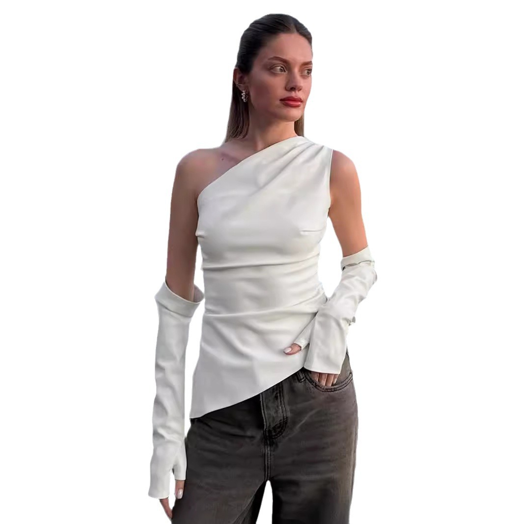 Efterårsgade hipster ærmeløs diagonal krave pu lædervest plusærmet dame crop top