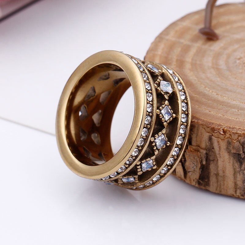 Edelstahl Jahrgang Gold Farbe Breiten Ring Stapeln CZ Steine Hochzeit Ring für Frauen Partei Schmuck 12mm
