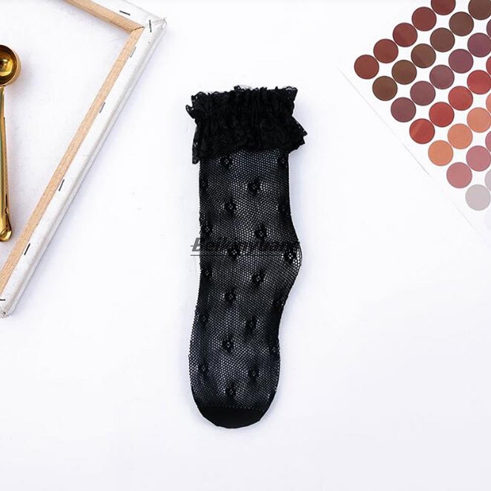 Thin summer children's socks Lolita hollow lace women's white tube pile socks cute lace socks: black