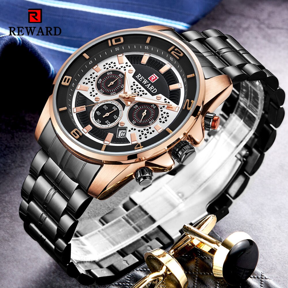 Reward sport chronograaf herenhorloges volledig stalen quartzhorloge grote wijzerplaat waterdicht horloge heren gouden polshorloges relogio masculino