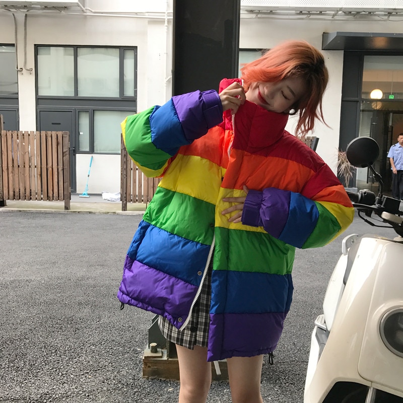 BBSET Harajuku Winter Casual Jacket Women Rainbow Wadded Parka Plus Size Loose Striped Coat Femme Chaqueta Mujer