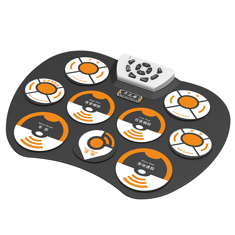 Portable Electronics Drum Set Roll Up Kit 9 Silicone Pads USB Powered with Foot Pedals Drumsticks Cable: Orange