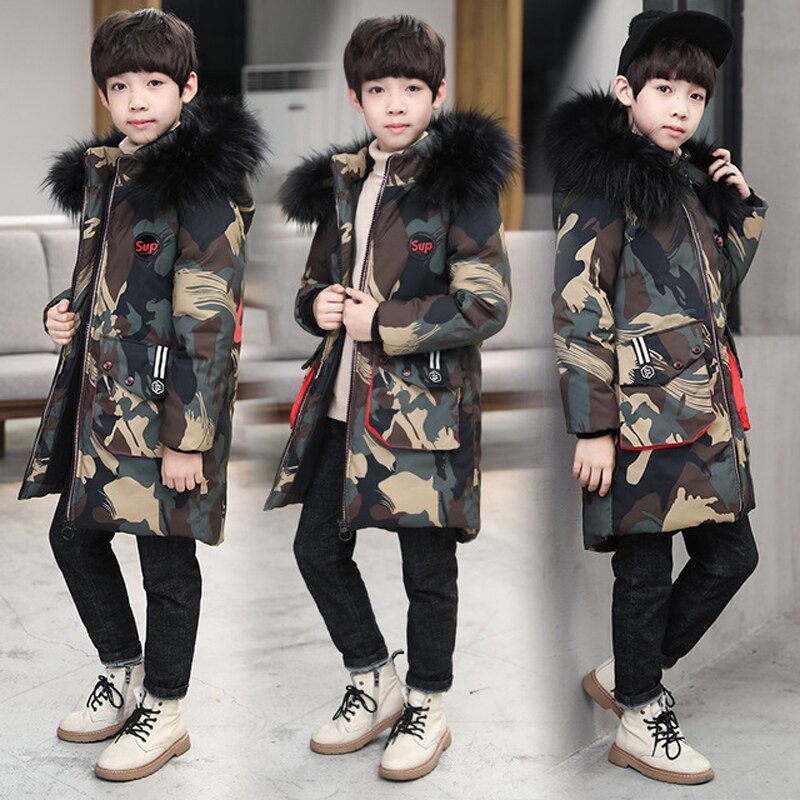 5-15 ans veste d'hiver pour garçon Camouflage doudoune avec fermeture éclair garçons fourrure vêtements d'extérieur à capuche enfants Long manteau TZ530