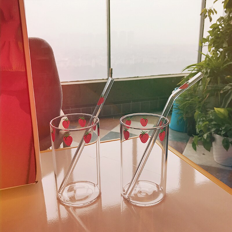Ins Nana-vasos de fresa resistentes al calor para café, leche, agua, con pajita, transparentes, bonitos, para zumo, bebidas frías