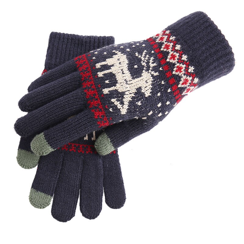 Novo vintage natal veados luvas de malha mulheres engrossar tela sensível ao toque luvas inverno quente neve elk dedo cheio luvas presente natal: navy