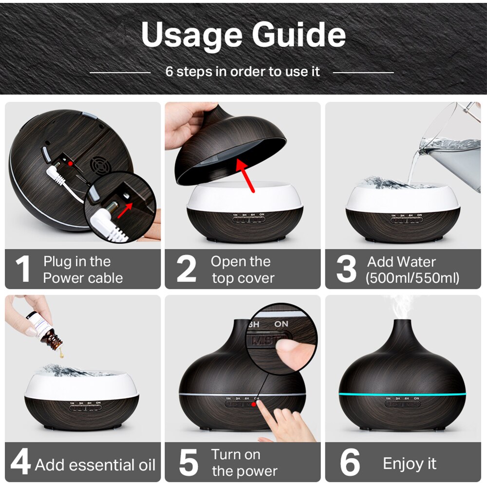 550 500 400 Aromatherapie etherische olieverspreider Houtnerf Afstandsbediening Ultrasone luchtbevochtiger Cool met 7-kleuren LED-licht