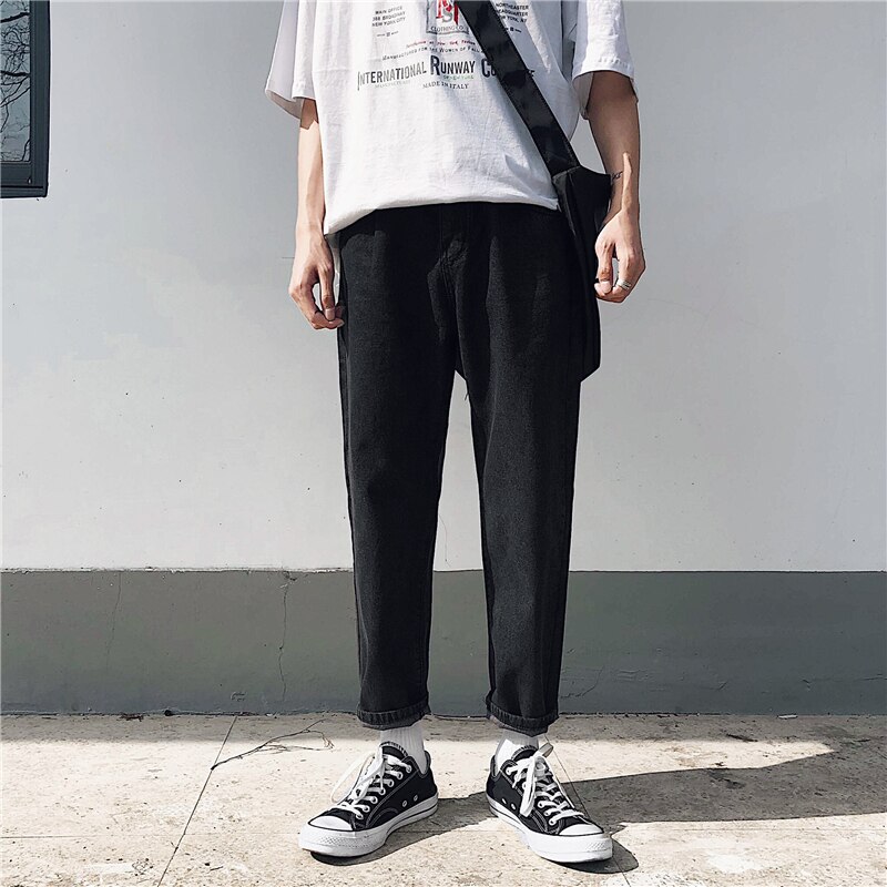 Jeans menn rette bukser løs fritid trendy harajuku herre ankellang enkel matchende pluss størrelse 3xl bunt solid retro: Svart / Xxl