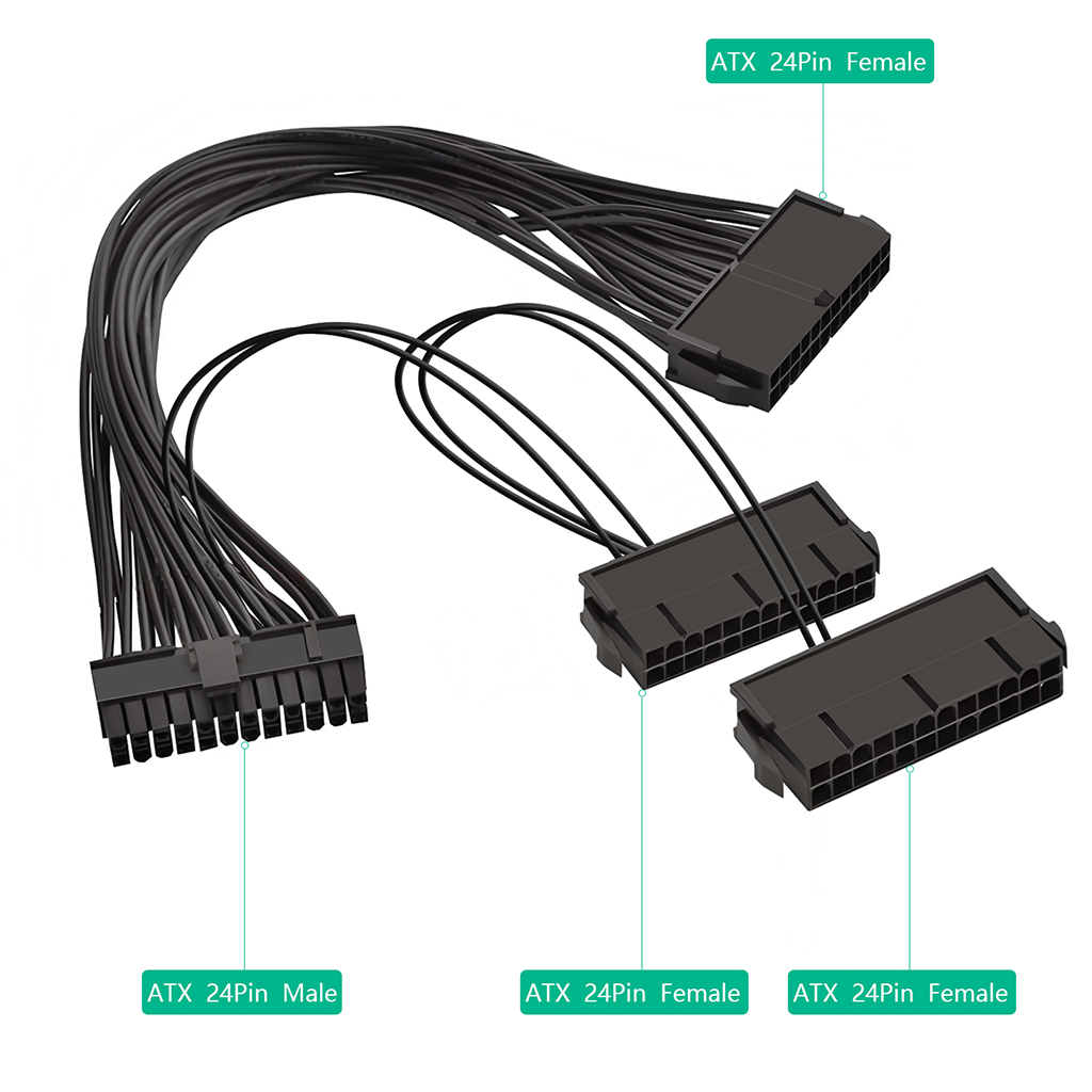 ATX 24 Pin Male 1 to 3 Ports Female Power Supply PSU Splitter Cable for 24 pin and 20 pin ATX Motherboards