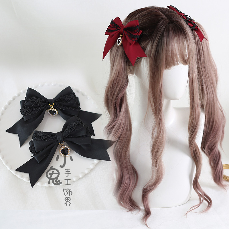 Original Handmade Lolita Dark Halloween Hair Accessories Dark Goth Lace Love Hairpin a Pair of Hairclips
