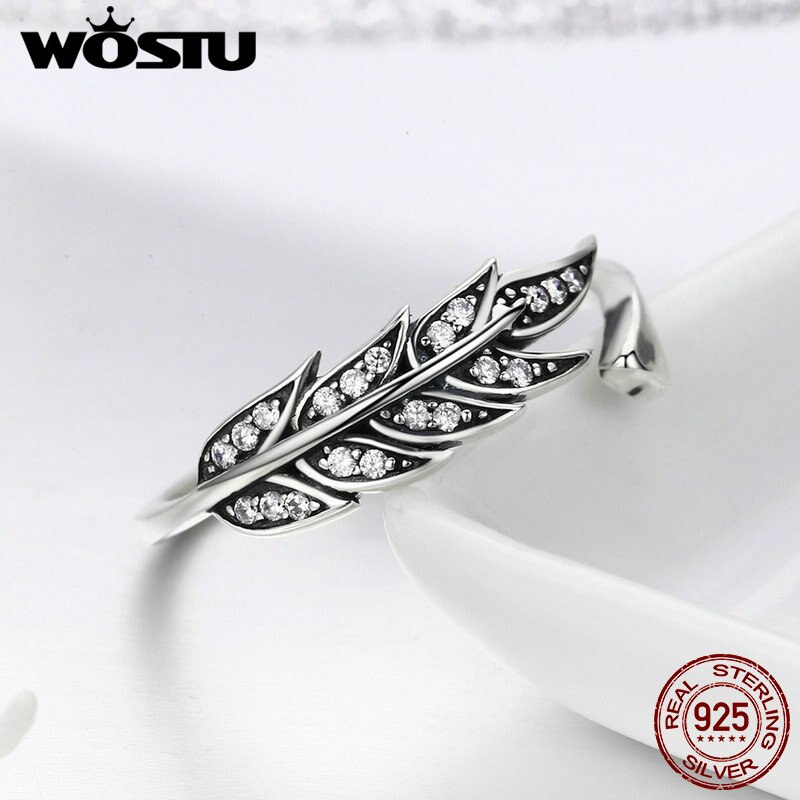 WOSTU NEUE 925 Sterling Silber Jahrgang Stil Blätter, klar CZ Einstellbar Ringe für Frauen S925 Silber Schmuck CQR313