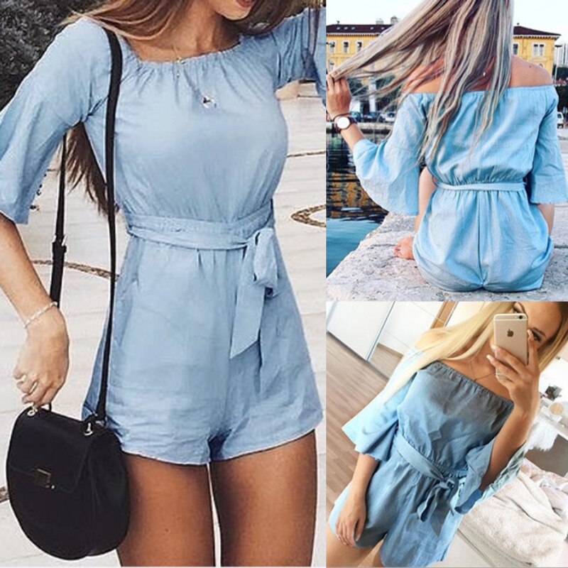 Summer Women Running Pants Short Sleeve Off Shoulder Flare Sleeve Fitness Short Pants With Sashes