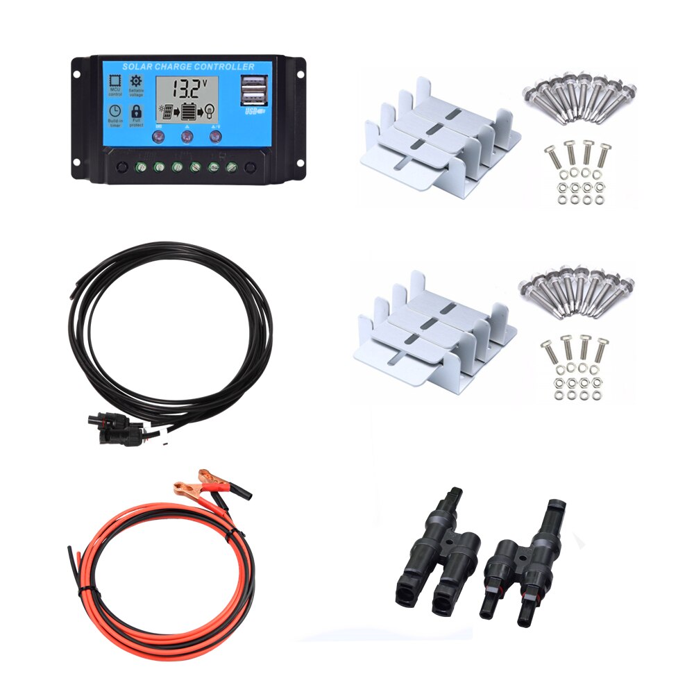 Solar Panel System Accessories Set 10A/20A/30A 12V 24V PWM Charge Controller+Battery Connection Cable+PV Connector+Bracket