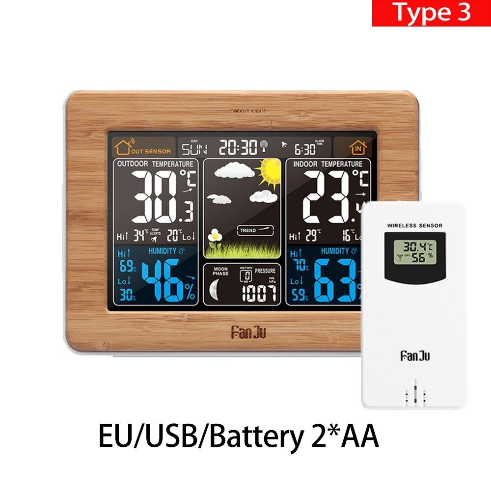 Electronic Digital LCD Desk Clock Temperature Humidity Monitor Clock Thermometer Hygrometer Weather Forecast Table Clock: Type3 Wood EU