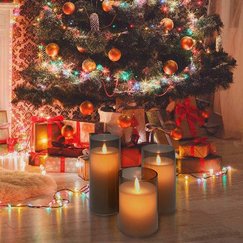 Set of 3 Remote control Battery operate Pillar Candles Paraffin Wax LED Glass Candle Dancing Swinging wick Home Bar Decoration