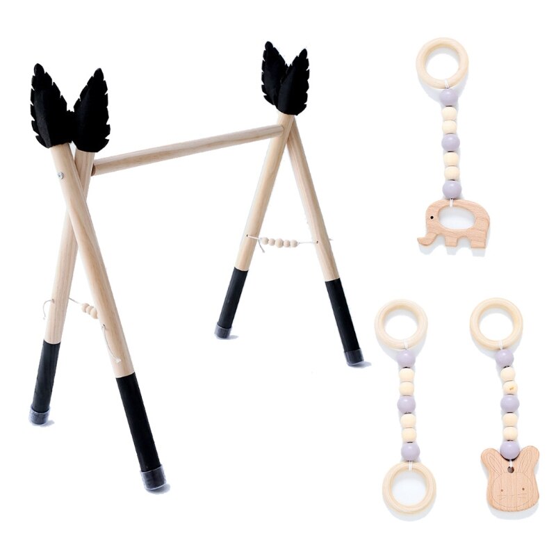 1Set Baby Gym Play Nursery Sensory Ring-pull Toy Wooden Clothes Rack Room Decor T8ND: Black