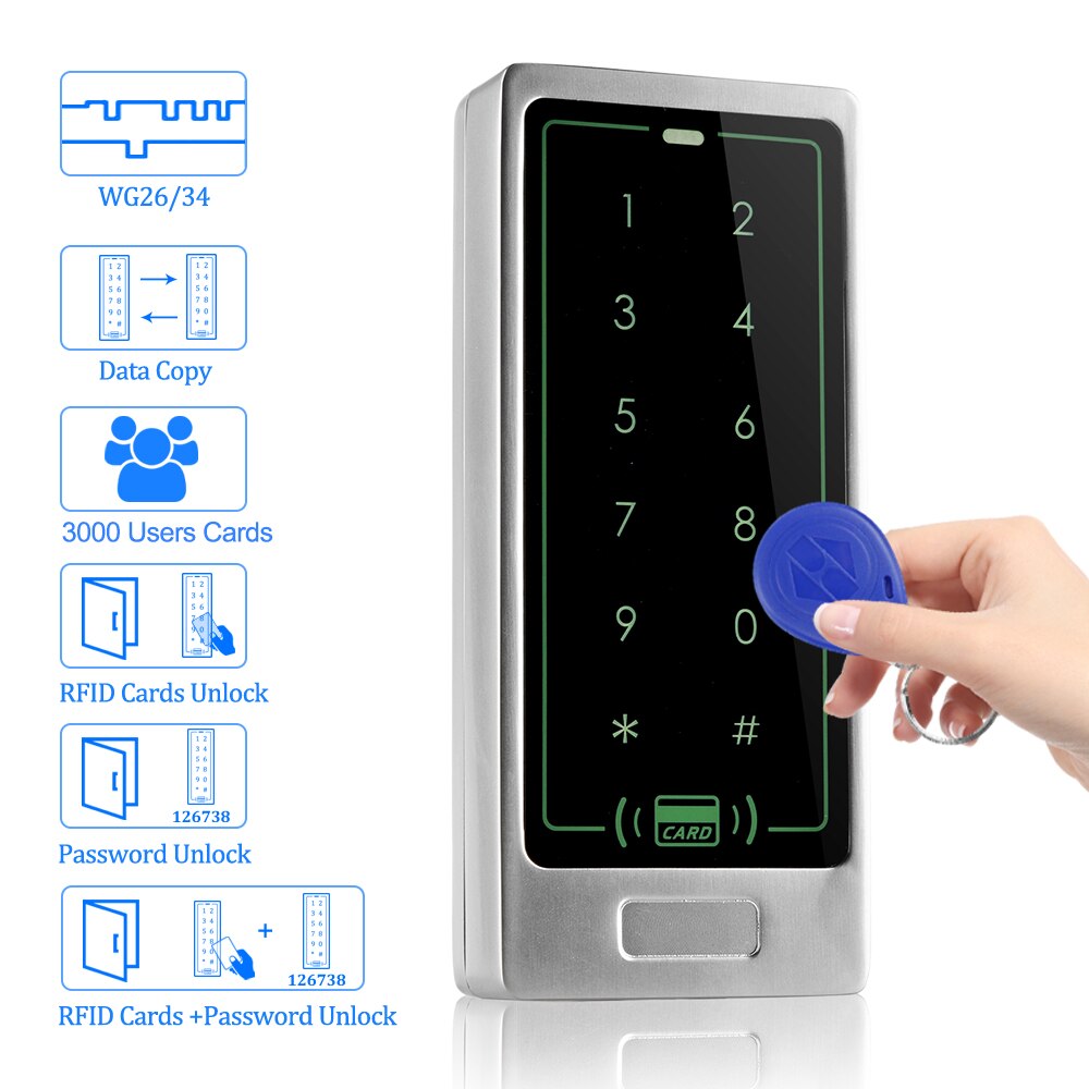 Standalone 125KHz RFID Access Control Keypad Touch Metal Proximity Reader Entry Door Opener for Door Lock System +10 Keyfobs