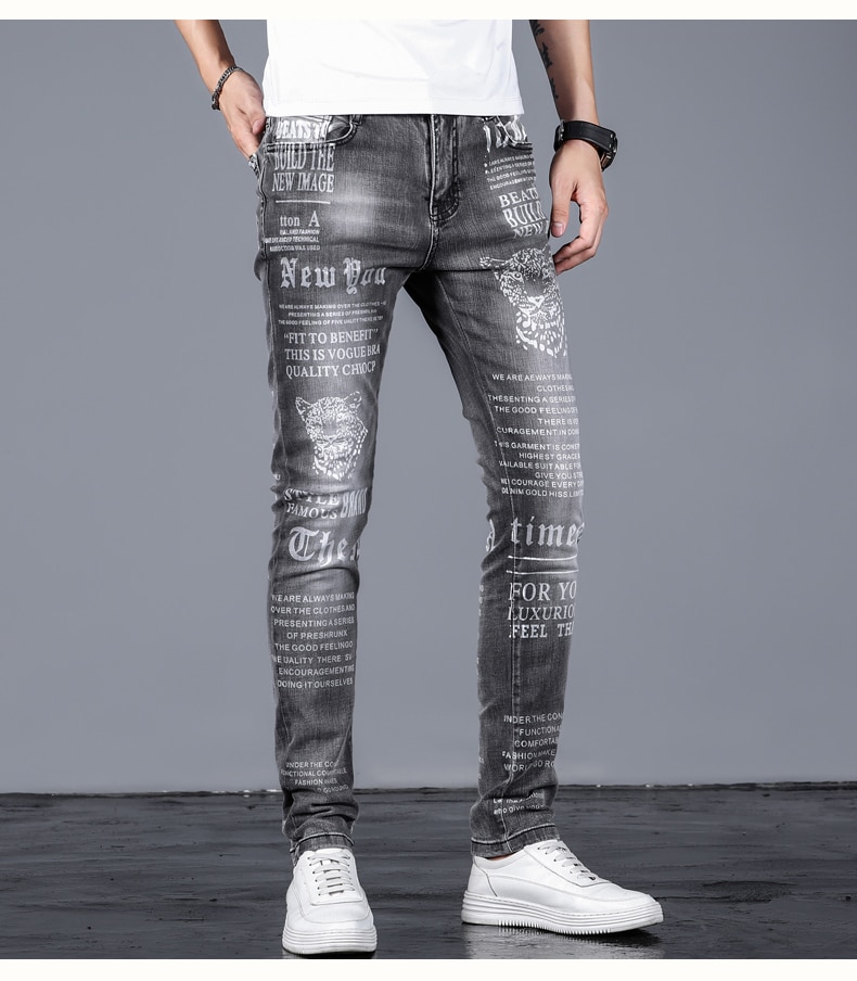 Mens Letter Leopard print Jeans Newspaper Painted Men Black Hip Hop Trousers Skinny Casual Stretch Cotton Denim Pants