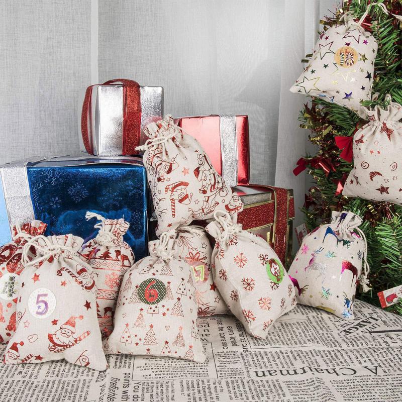 1 sæt julepynt og hængende små stofposer adventskalender bomuld hør taske sæt emballage poser juletaske