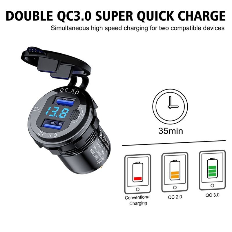 12V 24V Aluminium Waterdichte Dual QC3.0 Usb Fast Charger Stopcontact Led Voltmeter Schakelaar Kabel Voor Auto Marine truck Suv