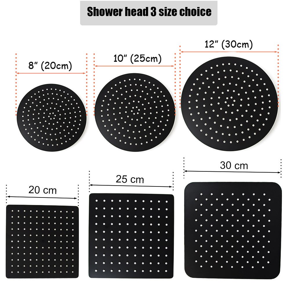 Black Round and Square Rain Shower Head Ultrathin 2 mm 8 10 12 Inch Choice Bathroom Wall & Ceiling Mounted Shower Arm