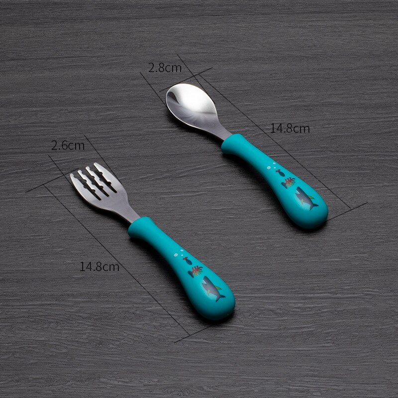 Juego de cuchara y tenedor para bebé, cubiertos de acero inoxidable de seguridad para alimentación de niños, utensilio de dibujos animados, vajilla infantil, 2 piezas