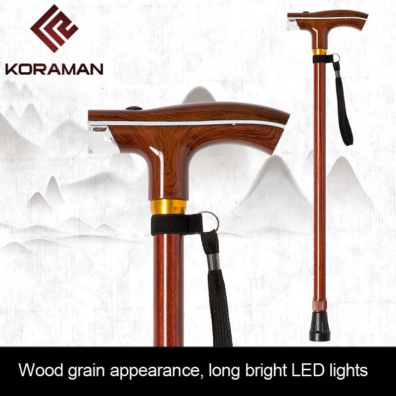 old man stick with lamp intelligent wood color multifunctional crutch scalable lighting rod old outdoor walking stick