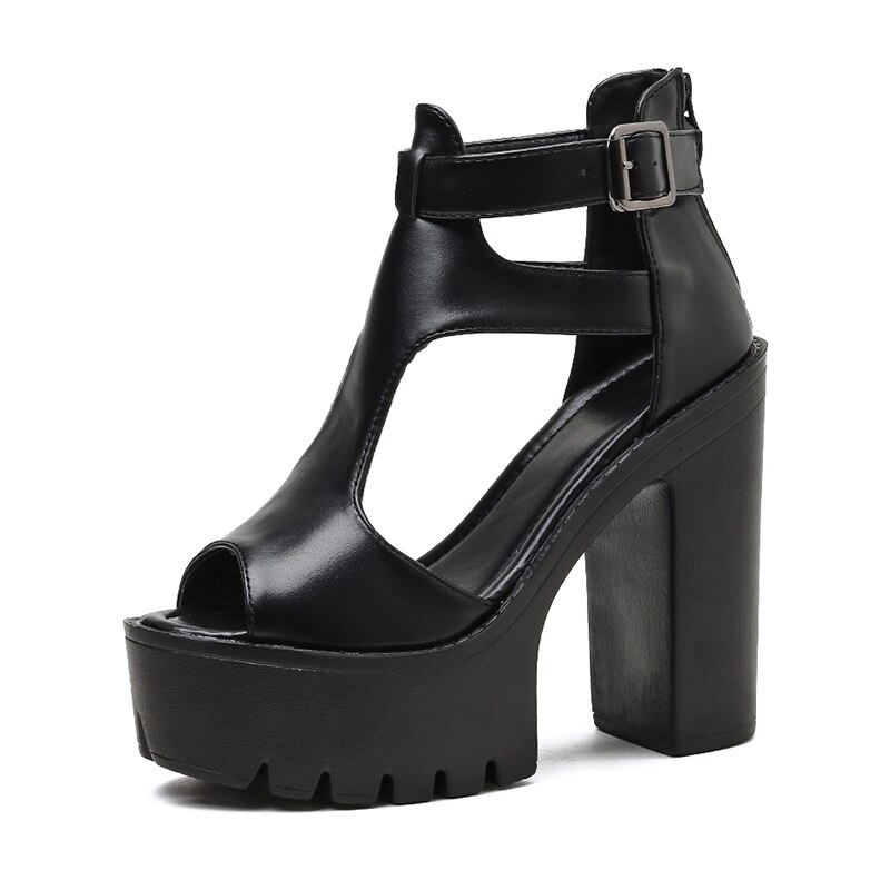Sandalias Gdgydh de plataforma para mujer, zapatos de verano de tacón alto grueso para mujer, zapatos negros con cremallera y Punta abierta para o boda, estilo Punk: 7