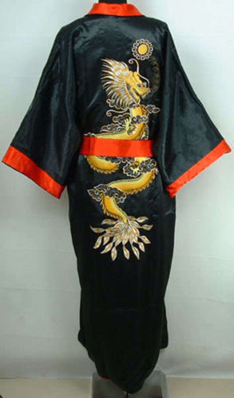Sort broderi med dobbeltside drage mandlig lang kappe kinesiske mænd silke satin mænds drage kimono kappe kjole reversibel badekåbe: Sort rød