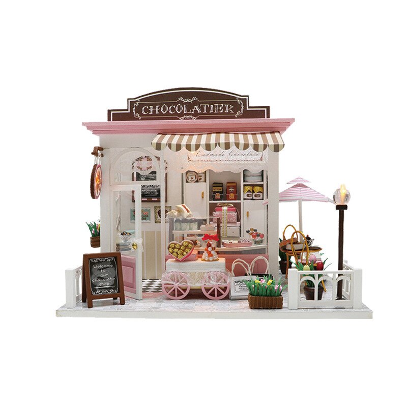 DIY domek dla lalek ręczna zabawka robić montażu Model fantastyczny pomysł kakao sklep kreatywny drewniany budynek świetlny drewniany domek dla lalek zabawki: Default Title