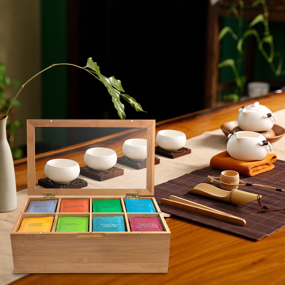 Natural Wood Tea Caddies Tea Bag Jewelry Organizer Chest Storage Box 5 Compartments Tea Box Wood Sugar Packet Container