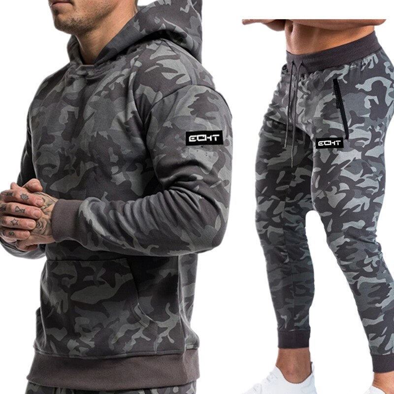 Sportswear Sports Suits Men Set Fitness Suits Autumn Men Set Long Sleeve Camouflage Hoodies+Pants Gyms Running: 2 / M