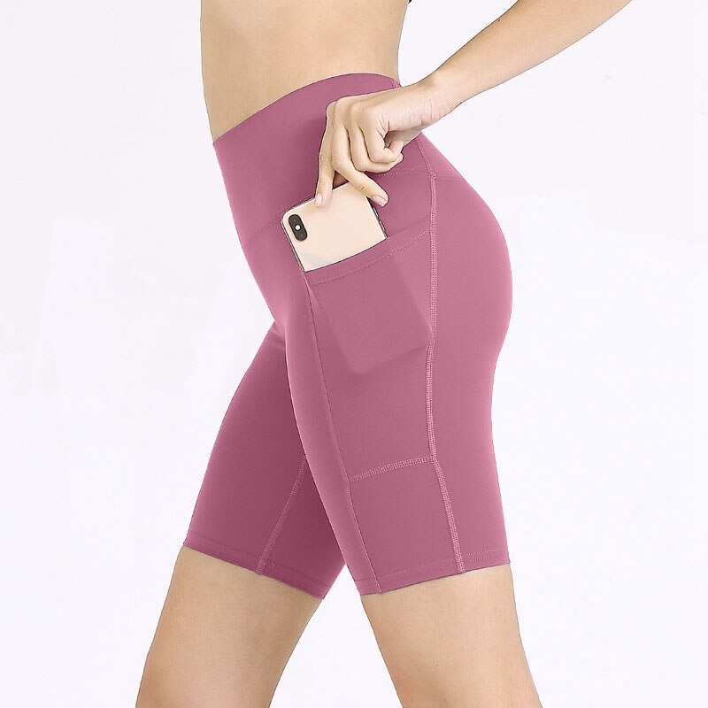 Sommar dam yogashorts dubbla sidfickor sportstrumpbyxor sömlösa fitnessshorts rosa l kod