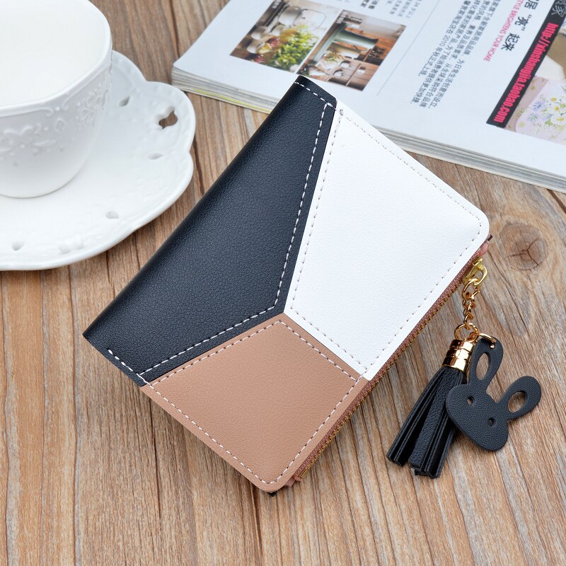 RIEZMAN Geometric Patchwork Wallet Short Women Wallets Zipper Purse Casual Coin Purse Card Holder Pocket Clutch Bag