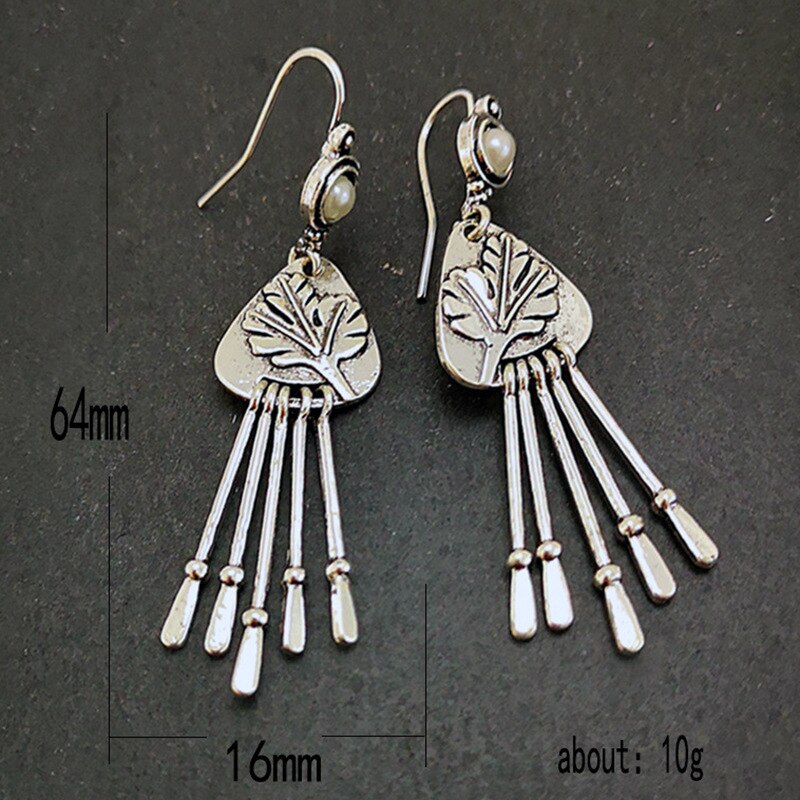 Bohemian National Style Vintage Silver Inlaid Round Pearl Carving Leaf Shape Women&#39;s Earrings GiftGivingPartyTemperament Jewelry