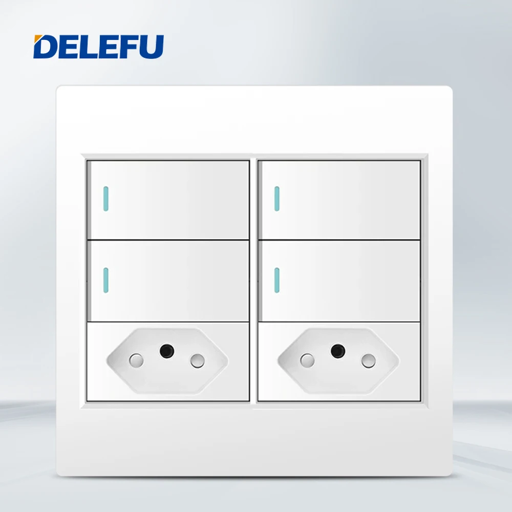 DELEFU 4x4 Fireproof PC Panel Brazil Standard Outlet Double USB Type C Wall Power Socket Light Switch Office White 10A 20A: 6.0M / Red
