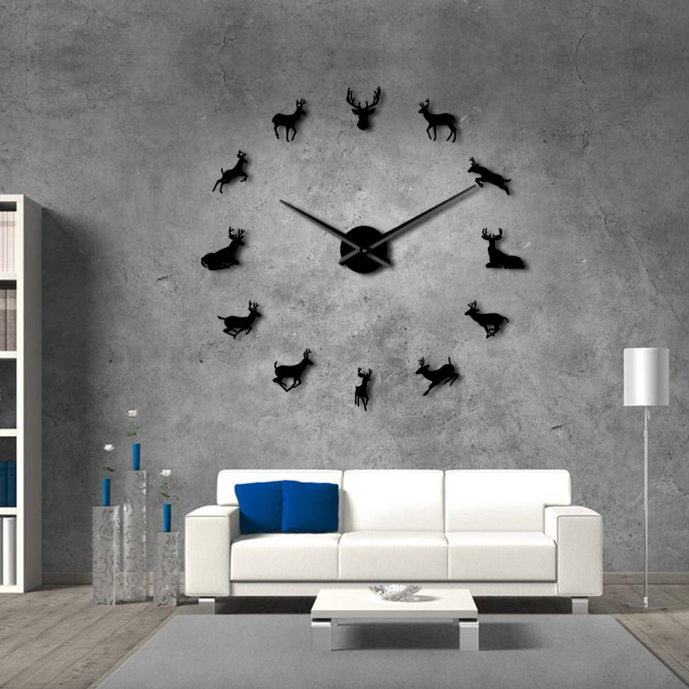 Horloge murale géante en acrylique, tête de cerf, bricolage, moderne, effet miroir, décorations pour la maison