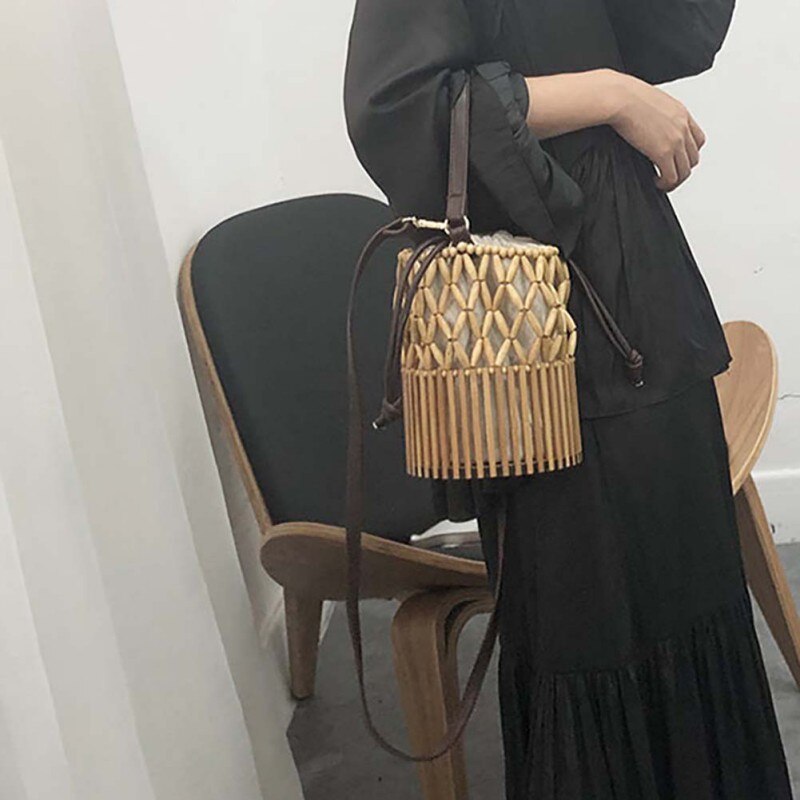 Bamboe damestas geweven canvas tas schoudertas dames emmer crossbody boodschappentas (met sjaal)