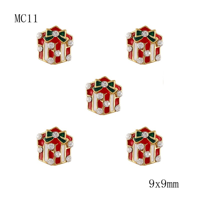 10 Pcs Feestelijke Kerst Charm Kousen, Sneeuwvlok, Gife Doos, kerstman Glitter Steentjes 3D Legering Goud Nail Art Decoraties: MC11