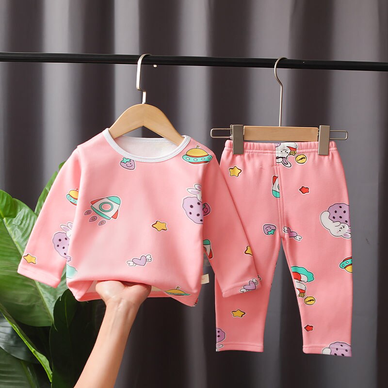 Crianças conjunto de roupa interior térmica crianças dos desenhos animados roupas outono inverno quente mais veludo espessado calças meninas camiseta calças pijama: HSY S HUOJIAN PINK / 4 T