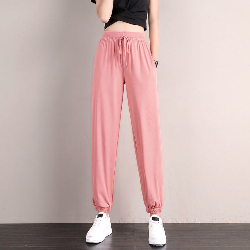Zomer Vrouwen Sport Broek Ice Zijde Effen Cool Loszittende Dunne Casual Broek Draperen Afslanken Grote-Size breed-Been Bloeiers: pink / Xl