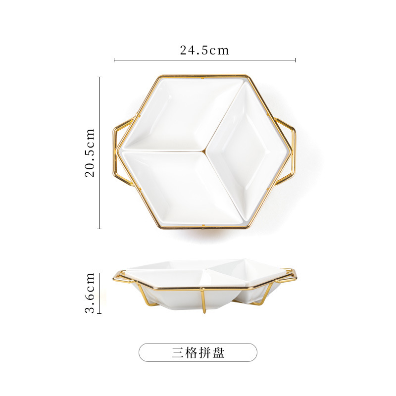 European-style Iron Art Ceramic Platter Diamond-shaped Fruit Plate Divided Cake Snack Nut Plates: 3grids white