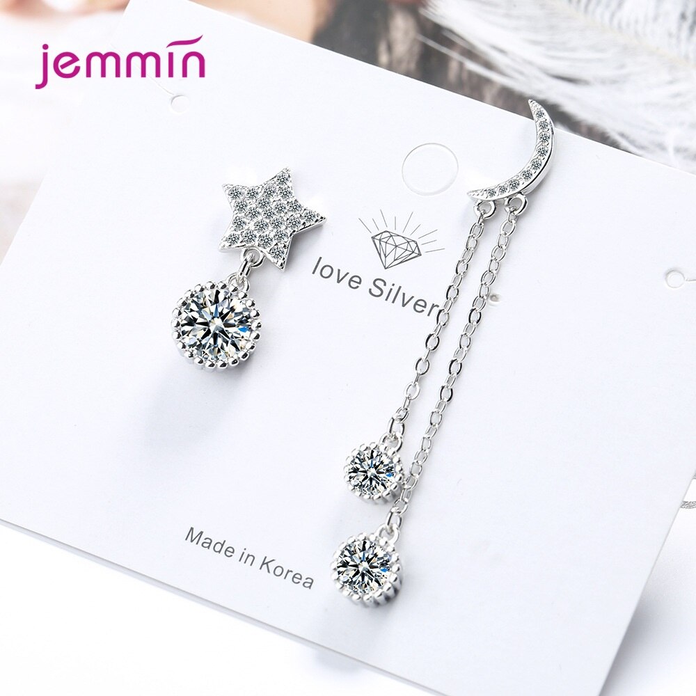 100% 925 Zilveren Oorbellen Voor Vrouwen Asymmetrie Aaa Shiny Cubic Zircon Moon Star Shape Sterling Sieraden Huwelijkscadeau