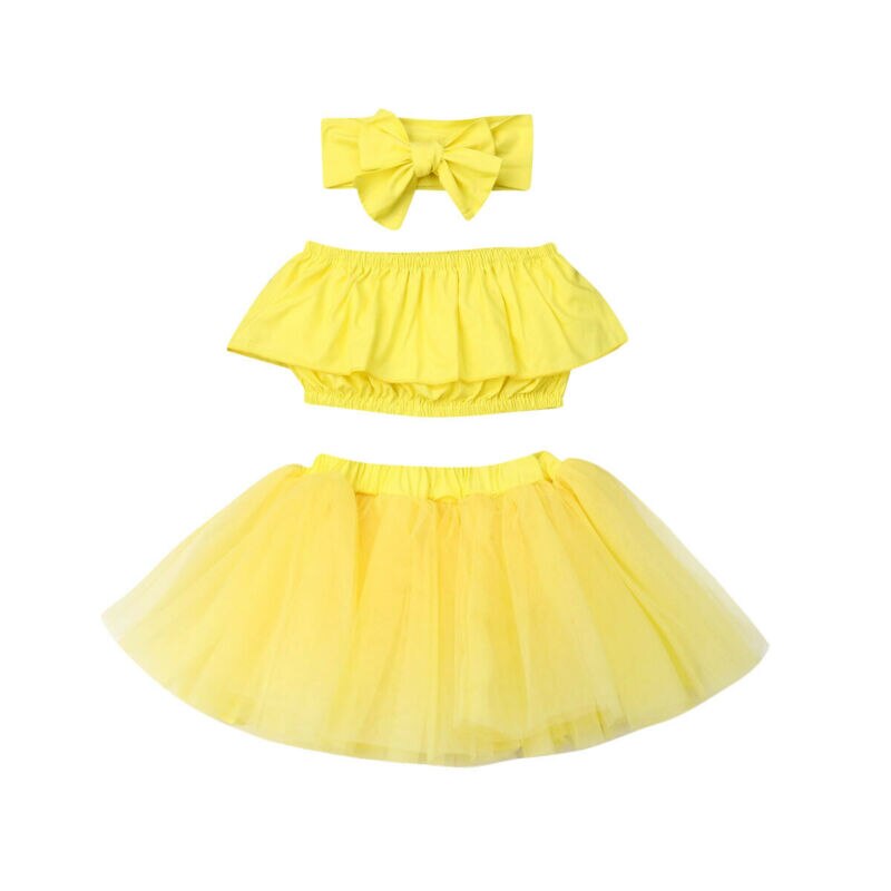 Summer Kids Baby Girl Clothes Sets 3Pcs Cute Ruffle Strapless Crop Tops+Tulle Skirt Ball Gown+Headband Girl Outfits 0-24M