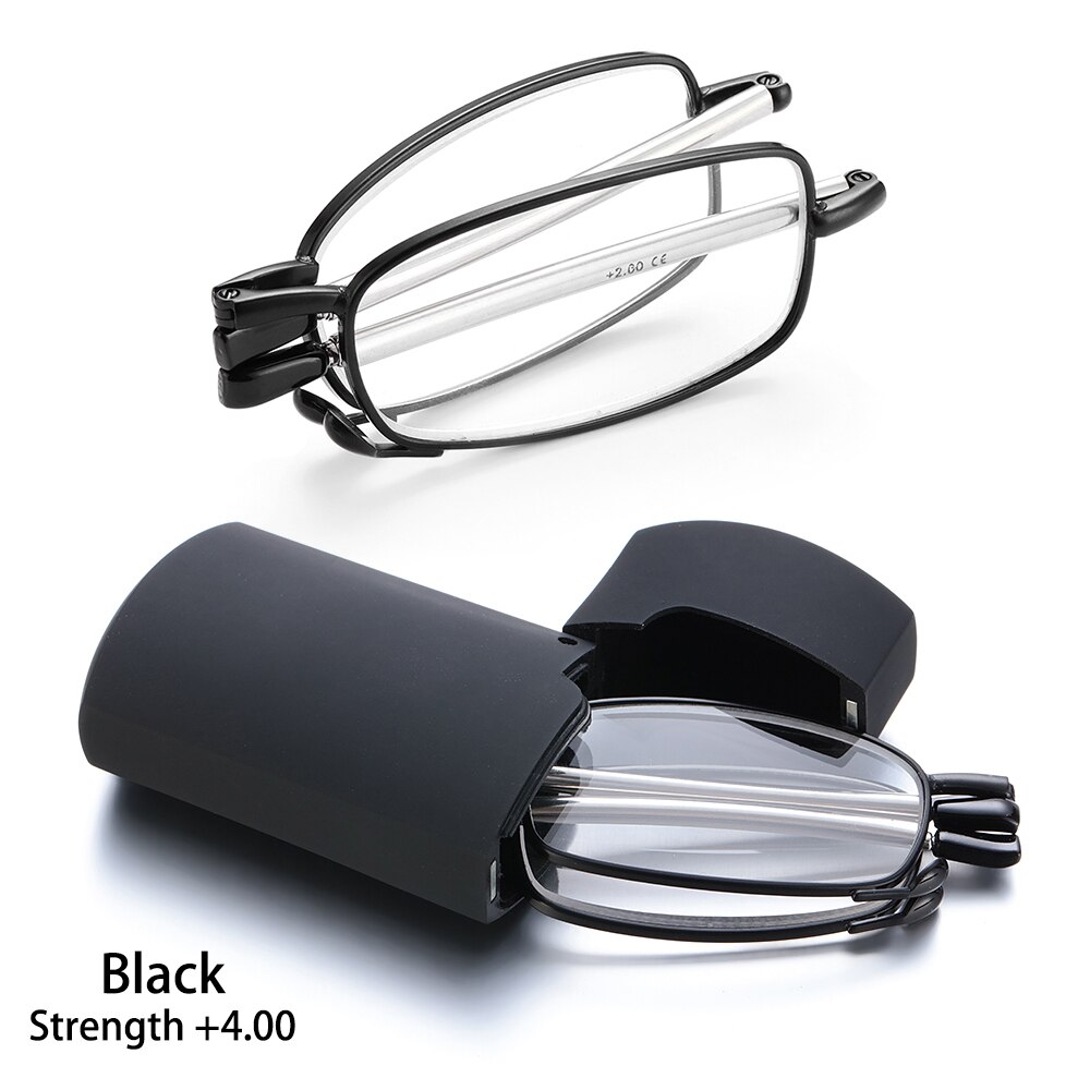Men Women MINI Reading Glasses Folding Small Glasses Frame Black Metal Glasses Includes Original Case +1.0-4.0: Black(Strength 4.00)