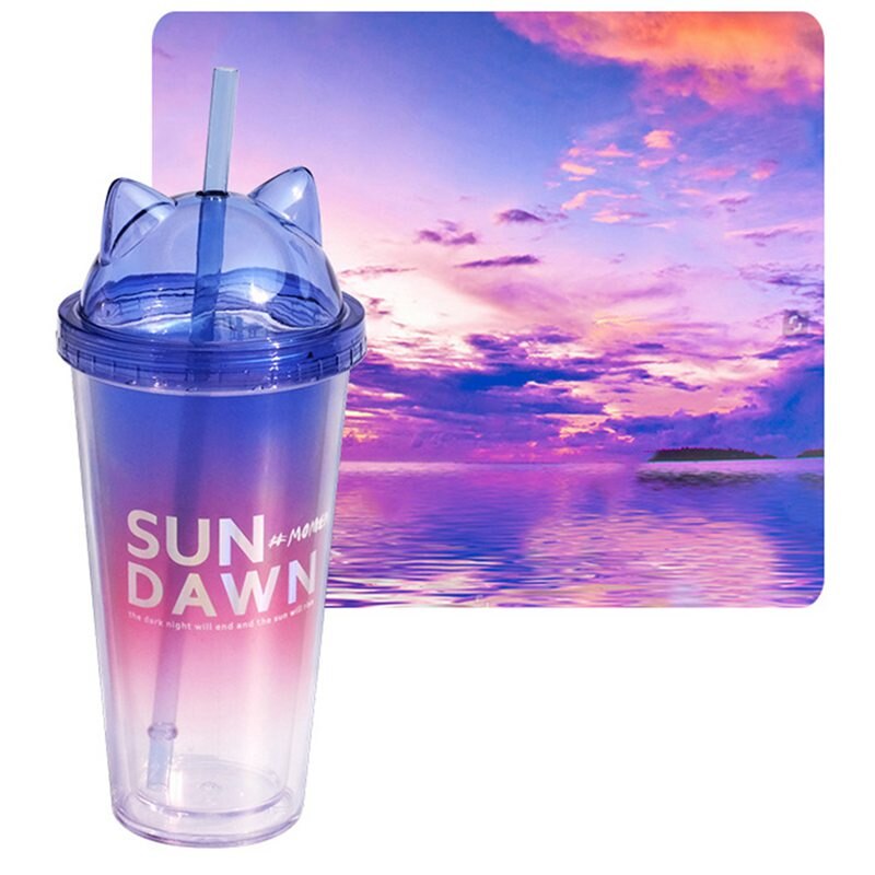 Gradiënt Stro Cup Grote Capaciteit Plastic Waterfles Netto Celebrity Handige Phantom Kleur Kat Oor Cover Stro Dubbele Cup: red